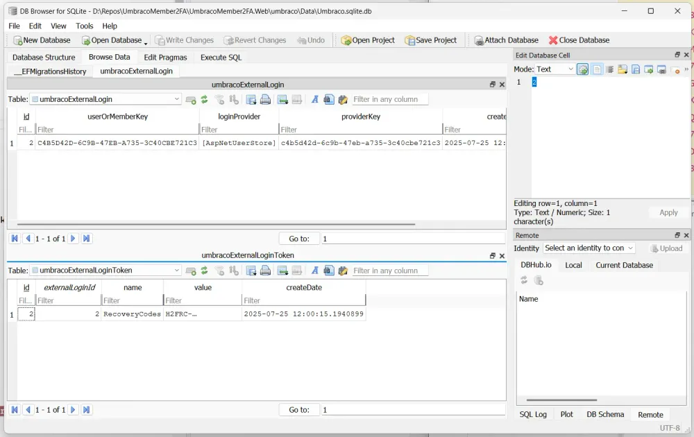 A screenshot of DB Browser for SQLIte showing the `umbracoExternalLogin` and `umbracoExternalLoginToken` tables populated with one row each.