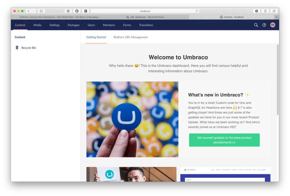 The Umbraco vNext dashboard screen running on macOS