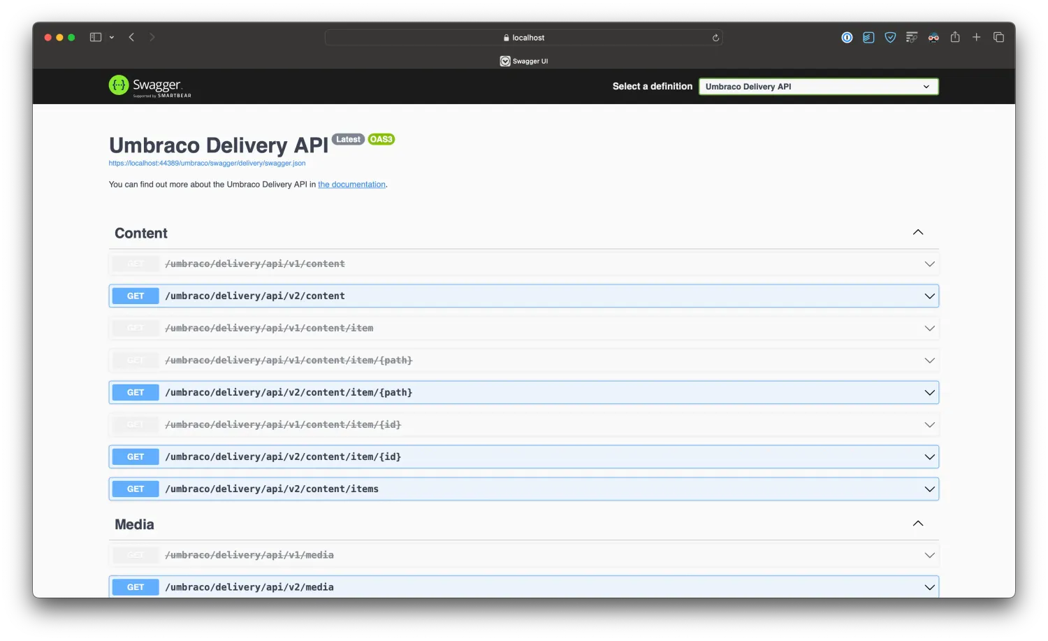 Umbraco's Swagger UI showing available endpoints for querying content and media