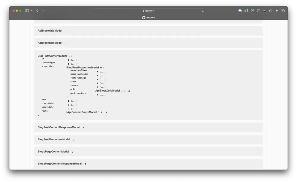 A screenshot of Umbraco's Swagger UI, showing expanded properties for BlogPostContentModel