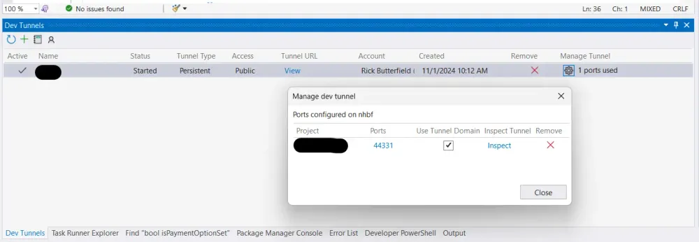 The "Manage dev tunnel" window open with "Use Tunnel Domain" checkbox ticked.
