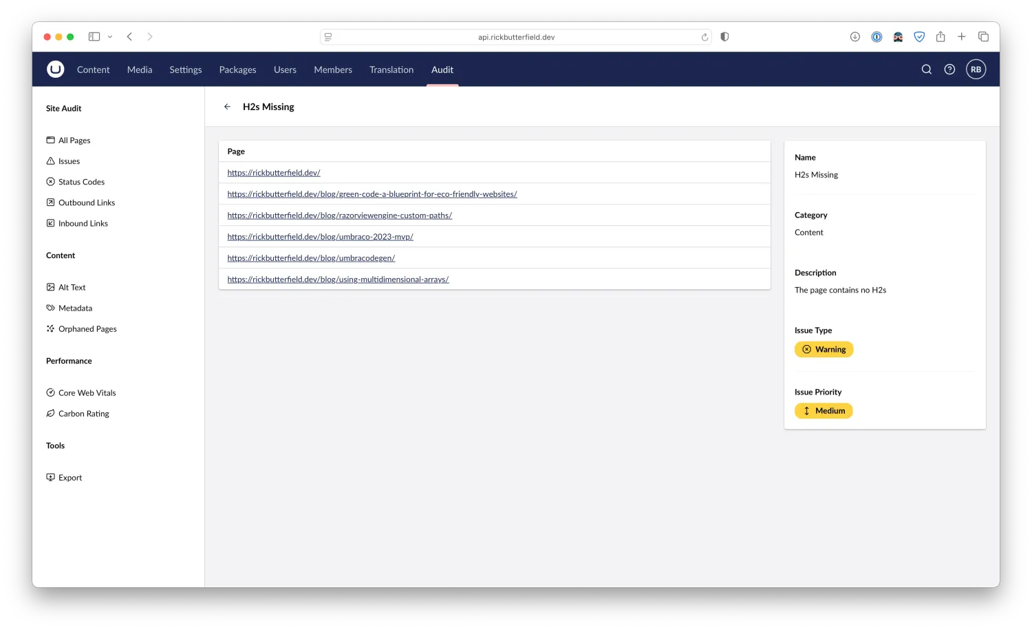 A breakdown of pages with missing H2s as seen in the Issues page